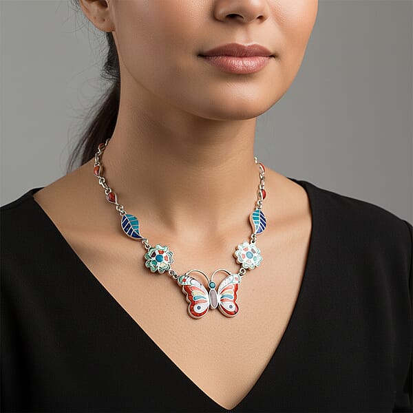Peruvian Artistry Multi Gemstone 54.00 Ctw Rainbow Ema Butterfly Necklace In Sterling Silver 18 Inches