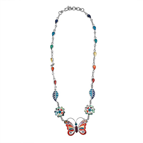 Peruvian Artistry Multi Gemstone 54.00 Ctw Rainbow Ema Butterfly Necklace In Sterling Silver 18 Inches