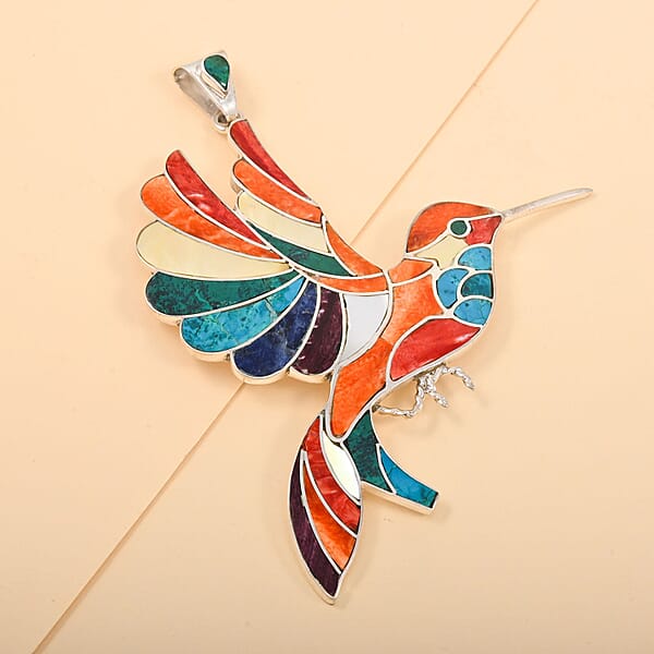 Peruvian Artistry Multi Gemstone 6.40 Ctw Harmony Big Hummingbird Pendant Without Chain In Sterling Silver