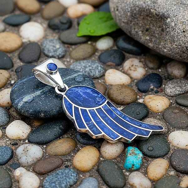 Peruvian Artistry Multi Gemstone 7.20 Ctw Blue Lupe Wing Pendant Without Chain In Sterling Silver