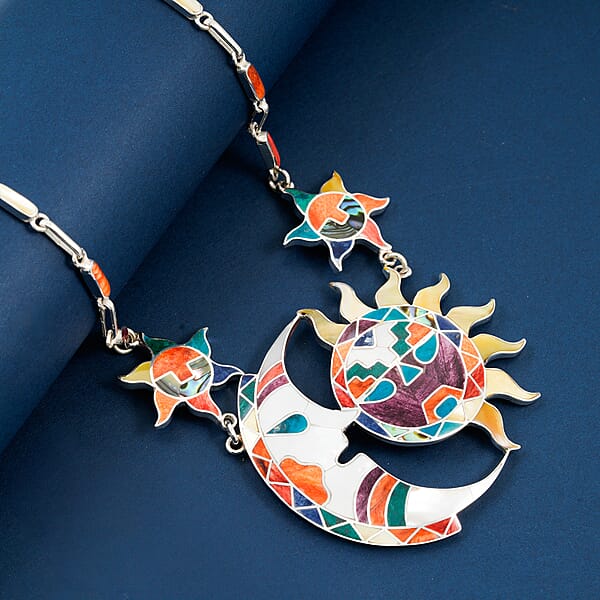 Peruvian Artistry Multi Gemstone 98.80 Ctw Rainbow Sun And Moon Marina Necklace In Sterling Silver 18 Inches