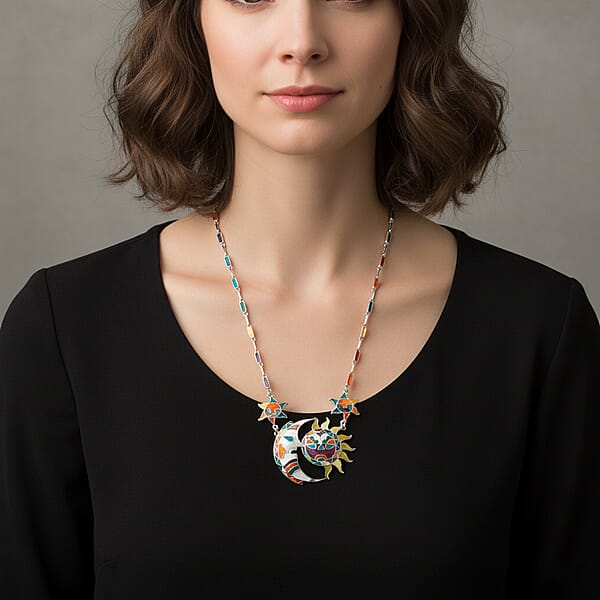 Peruvian Artistry Multi Gemstone 98.80 Ctw Rainbow Sun And Moon Marina Necklace In Sterling Silver 18 Inches