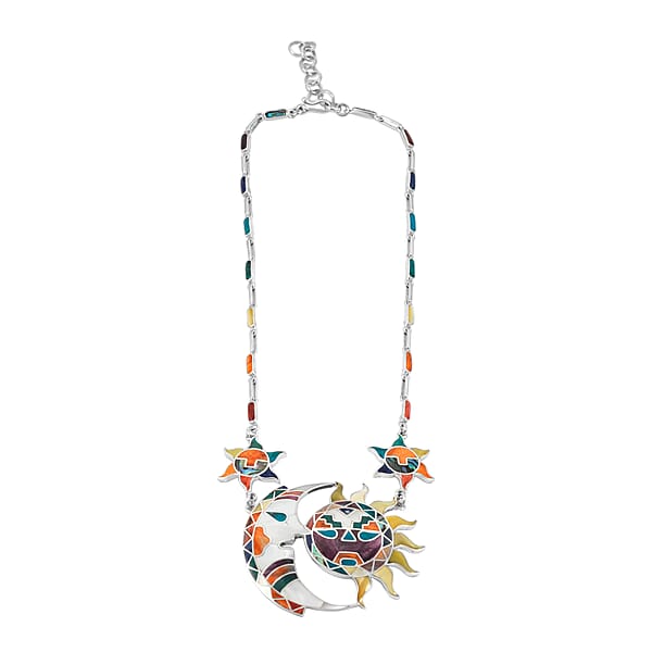 Peruvian Artistry Multi Gemstone 98.80 Ctw Rainbow Sun And Moon Marina Necklace In Sterling Silver 18 Inches