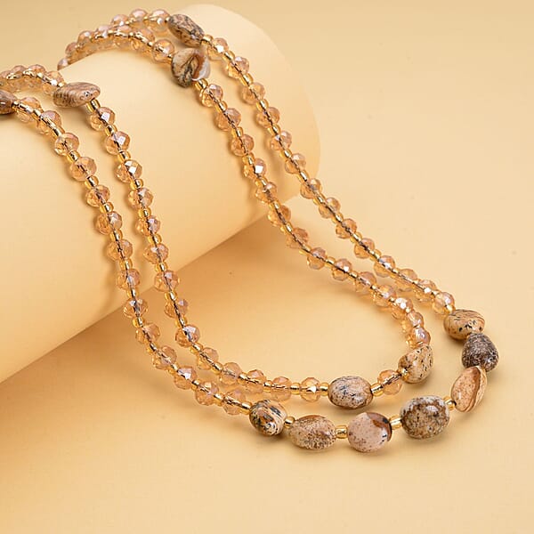 Picture Jasper 50.00 Ctw Champagne Glass Beaded Two Row Necklace In Stainless Steel 18-20 Inches Tarnish-Free Waterproof Sweat Proof Jewelry