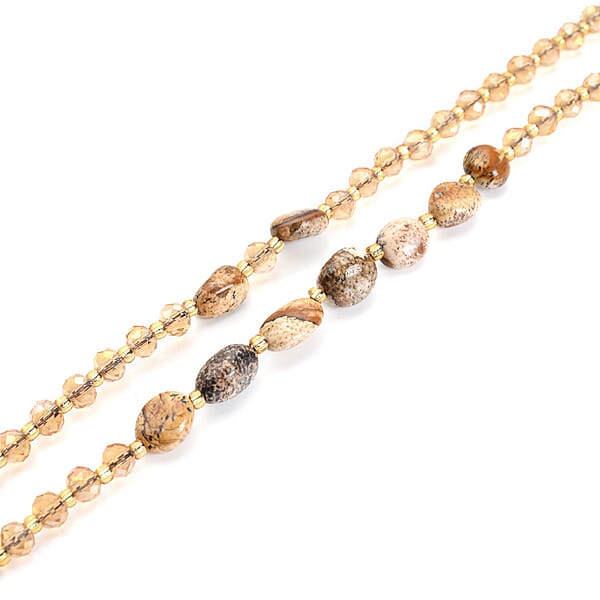 Picture Jasper 50.00 Ctw Champagne Glass Beaded Two Row Necklace In Stainless Steel 18-20 Inches Tarnish-Free Waterproof Sweat Proof Jewelry