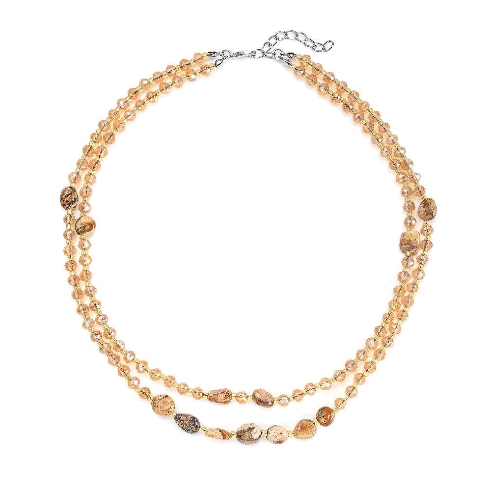 Picture Jasper 50.00 ctw Champagne Glass Beaded Two Row Necklace in Stainless Steel 18-20 Inches Tarnish-Free Waterproof Sweat Proof Jewelry
