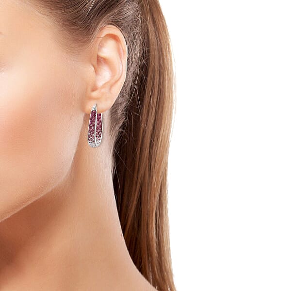 Pink And Red And White Austrian Crystal Inside Out Hoop Earrings In Silvertone