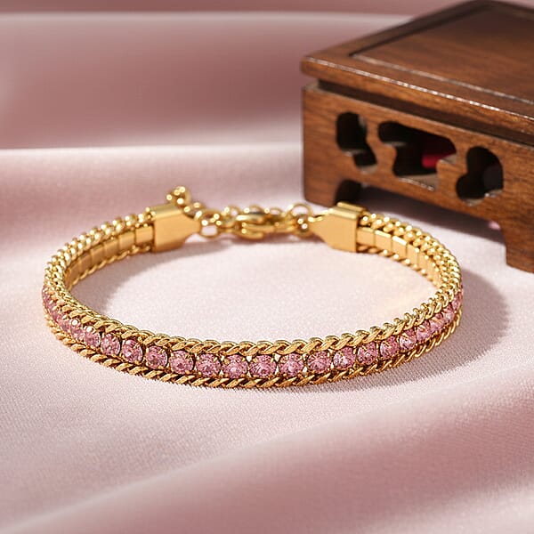 Pink Austrian Crystal Bracelet In ION Plated YG Stainless Steel (7.50 In)