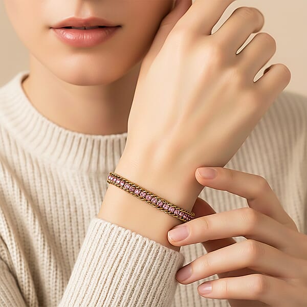 Pink Austrian Crystal Bracelet In ION Plated YG Stainless Steel (7.50 In)