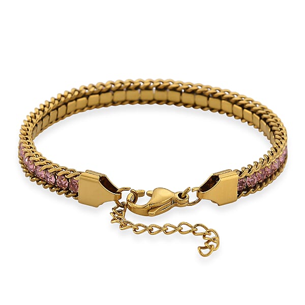 Pink Austrian Crystal Bracelet In ION Plated YG Stainless Steel (7.50 In)
