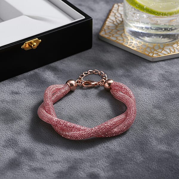 Pink Austrian Crystal Twisted Rope Bracelet In Rosetone (9.5-11.5In)