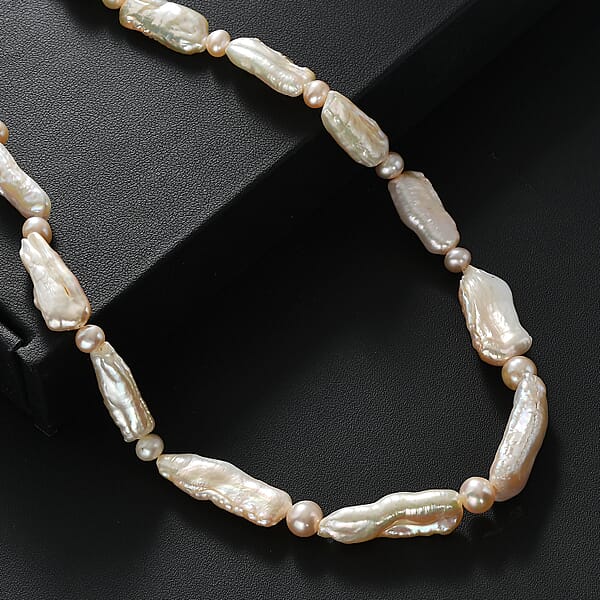 Pink Biwa And White Freshwater Pearl Necklace In 18K Vermeil Yellow Gold Over Sterling Silver 18 Inches