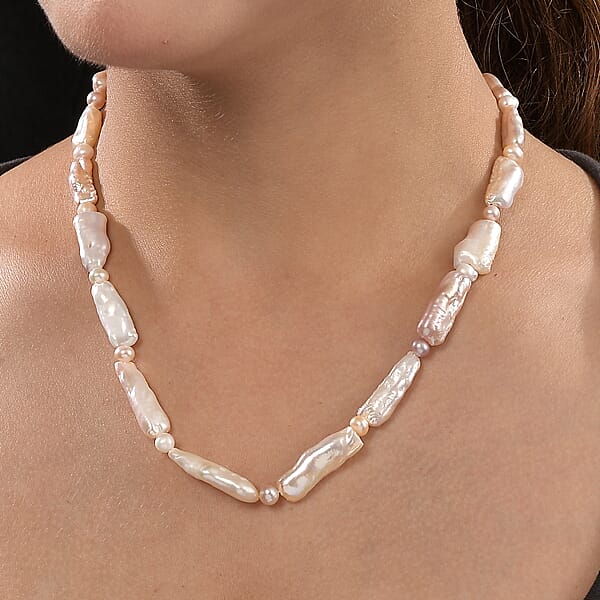 Pink Biwa And White Freshwater Pearl Necklace In 18K Vermeil Yellow Gold Over Sterling Silver 18 Inches
