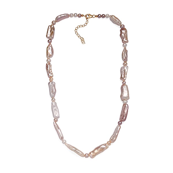 Pink Biwa And White Freshwater Pearl Necklace In 18K Vermeil Yellow Gold Over Sterling Silver 18 Inches