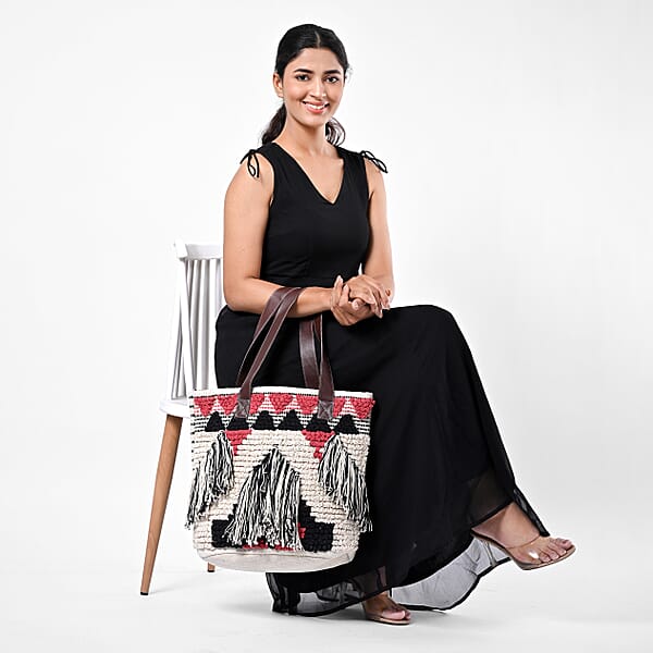 Pink Cotton And Jacquard Tote Bag With Faux Leather Handle