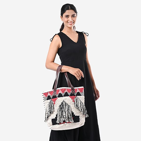 Pink Cotton And Jacquard Tote Bag With Faux Leather Handle