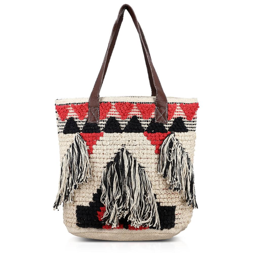 Pink Cotton and Jacquard Tote Bag with Faux Leather Handle