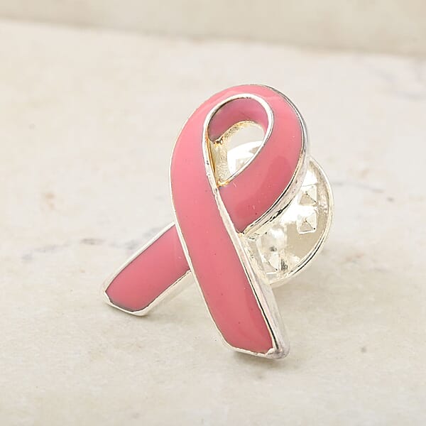 Pink Enameled Cancer Awareness Brooch In Silvertone