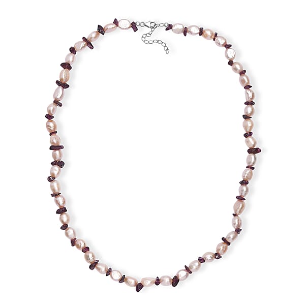 Pink Freshwater Pearl And Orissa Rhodolite Garnet 45 Ctw Elegance Necklace 18 Inches In Rhodium Over Sterling Silver