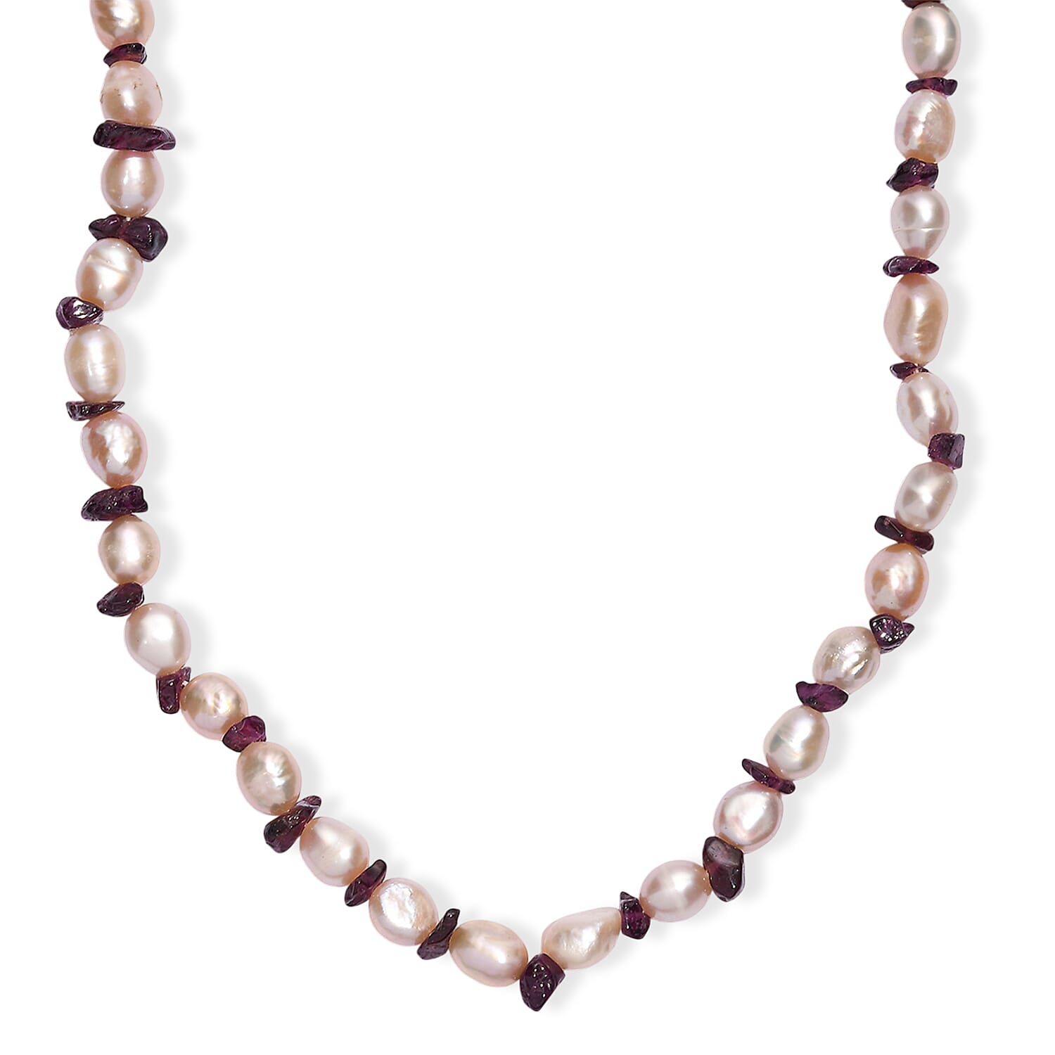 Pink Freshwater Pearl and Orissa Rhodolite Garnet 45 Ctw Elegance Necklace 18 Inches in Rhodium Over Sterling Silver