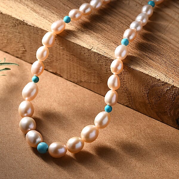 Pink Freshwater Pearl And Sleeping Beauty Turquoise 2.70 Ctw Necklace In Rhodium Over Sterling Silver 18 Inches