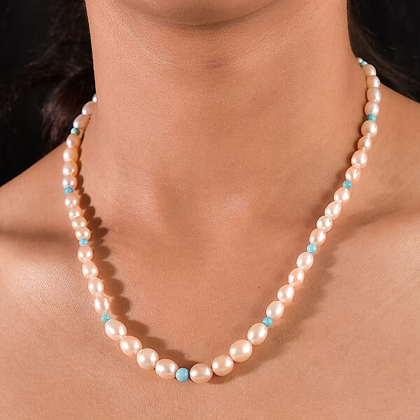 Pink Freshwater Pearl And Sleeping Beauty Turquoise 2.70 Ctw Necklace In Rhodium Over Sterling Silver 18 Inches