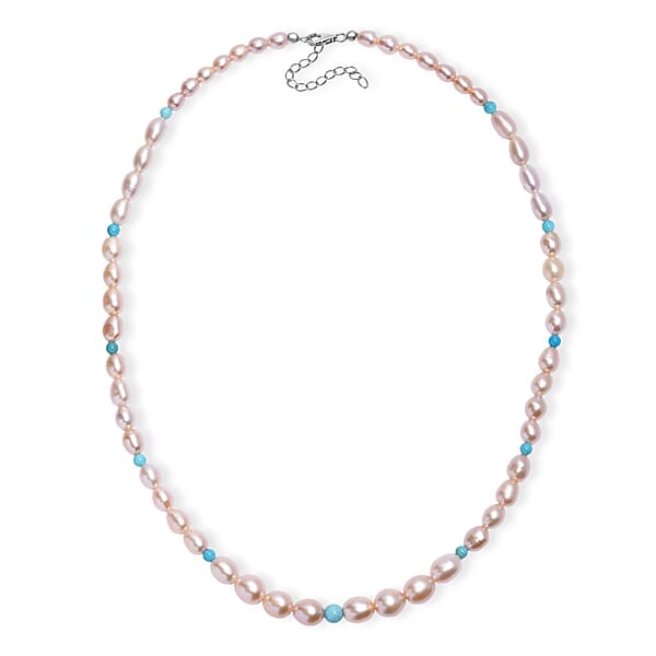 Pink Freshwater Pearl And Sleeping Beauty Turquoise 2.70 Ctw Necklace In Rhodium Over Sterling Silver 18 Inches