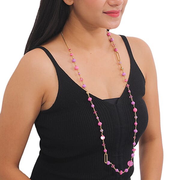 Pink Glass Beaded Necklace In Goldtone 36-38 Inches