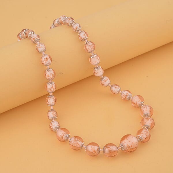 Pink Glass Beaded Necklace In Silvertone 20-22 Inches