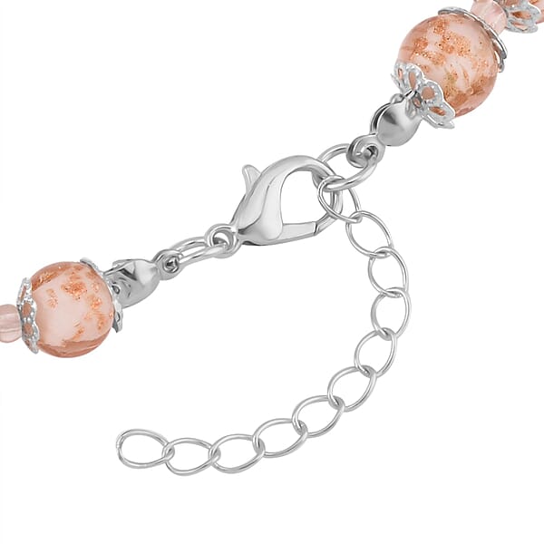 Pink Glass Beaded Necklace In Silvertone 20-22 Inches