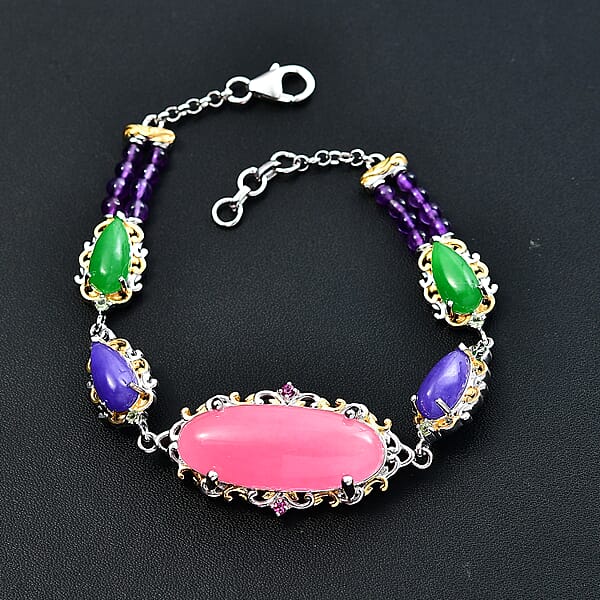 Pink Jade(D) And Multi Gemstones 31.70 Ctw Royal Garden Bracelet In Rhodium And 18K Vermeil Yellow Gold Over Sterling Sliver (7.25 In)