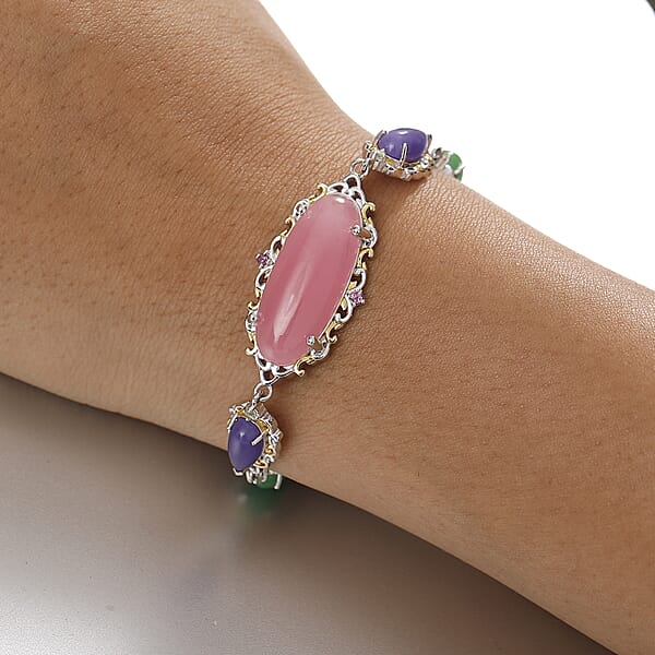 Pink Jade(D) And Multi Gemstones 31.70 Ctw Royal Garden Bracelet In Rhodium And 18K Vermeil Yellow Gold Over Sterling Sliver (7.25 In)