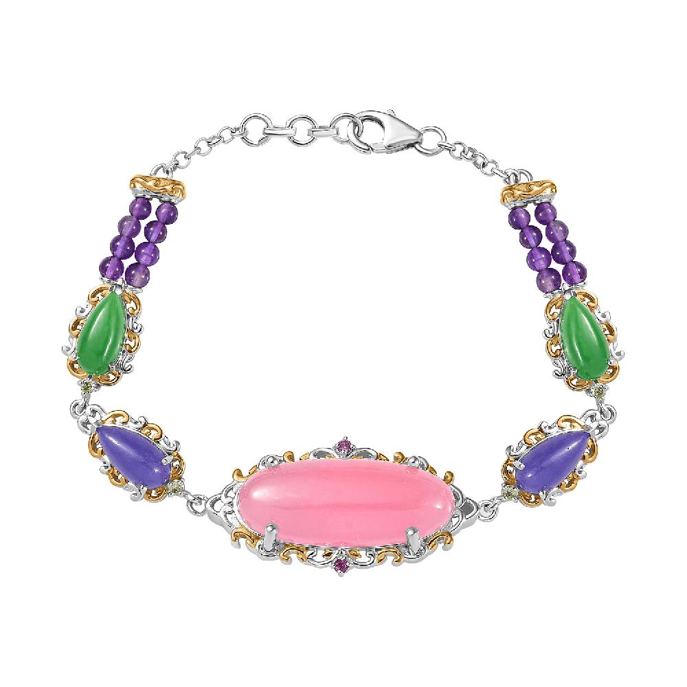 Pink Jade(D) and Multi Gemstones 31.70 ctw Royal Garden Bracelet in Rhodium and 18K Vermeil Yellow Gold Over Sterling Sliver (7.25 In)
