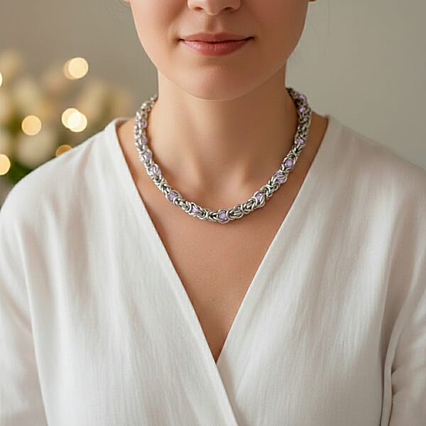 Pink Magic Color Glass Interlock Weave Chain Necklace In Stainless Steel (20-22 Inches)