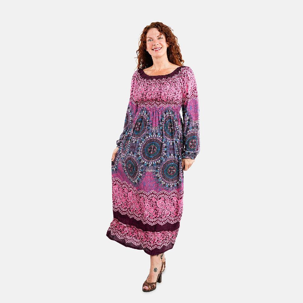 Pink Mandala Long Sleeve Smocked Maxi Dress - One Size Fits Most