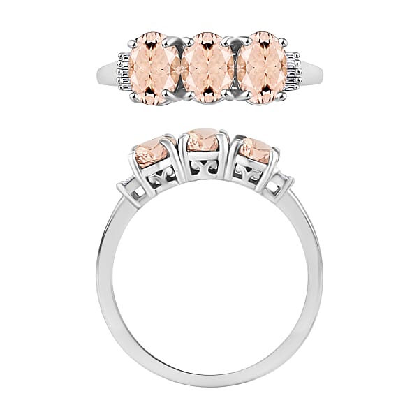 Pink Morganite And Diamond 2.50 Ctw 3 Stone Ring In Platinum Over Sterling Silver (Size 4.0) (Del. In 10-12 Days)