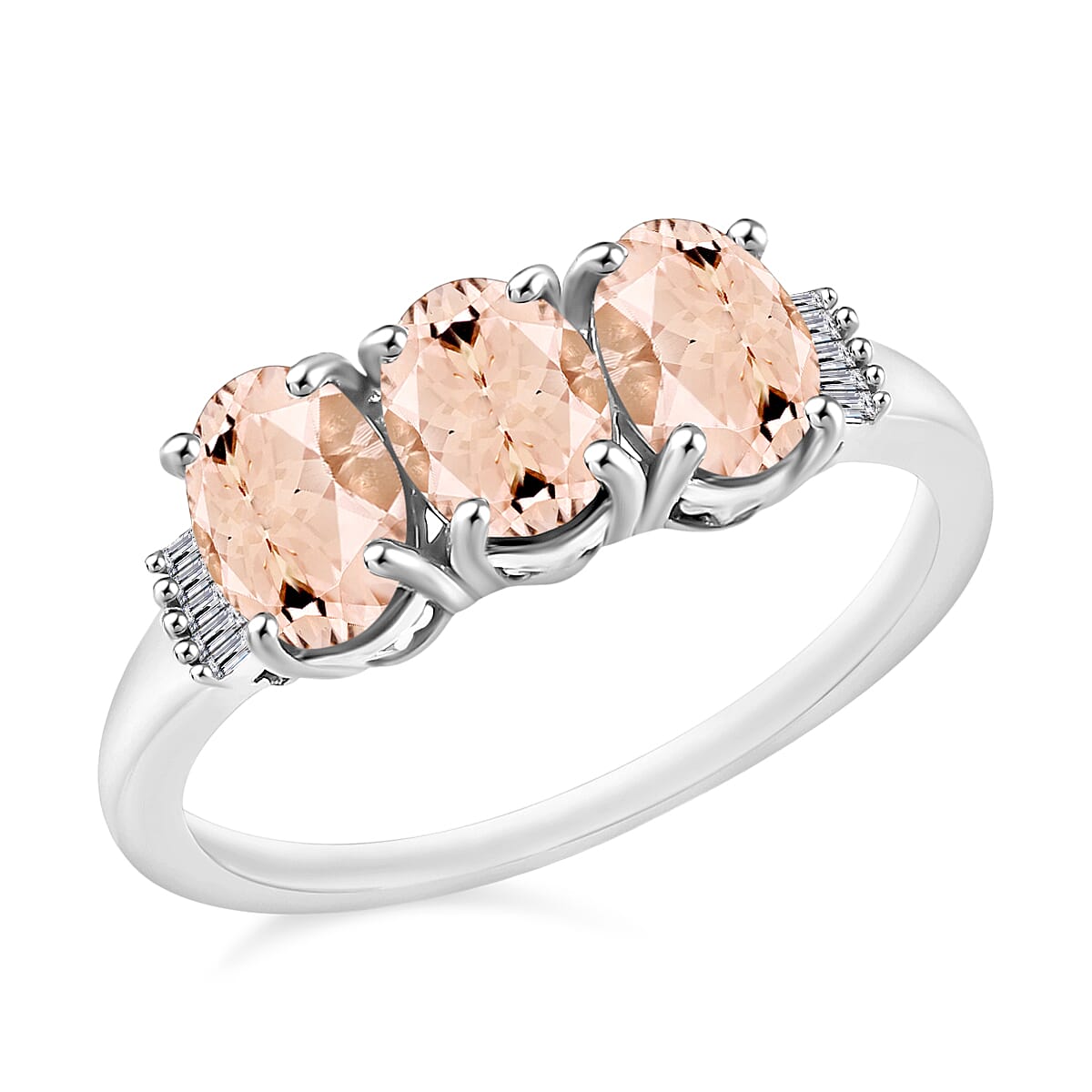 Pink Morganite and Diamond 2.50 ctw 3 Stone Ring in Platinum Over Sterling Silver (Size 4.0) (Del. in 10-12 Days)