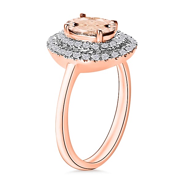 Pink Morganite And White Zircon 1.65 Ctw Double Halo Ring In 18K Vermeil Rose Gold Over Sterling Silver (Del. In 10-12 Days)