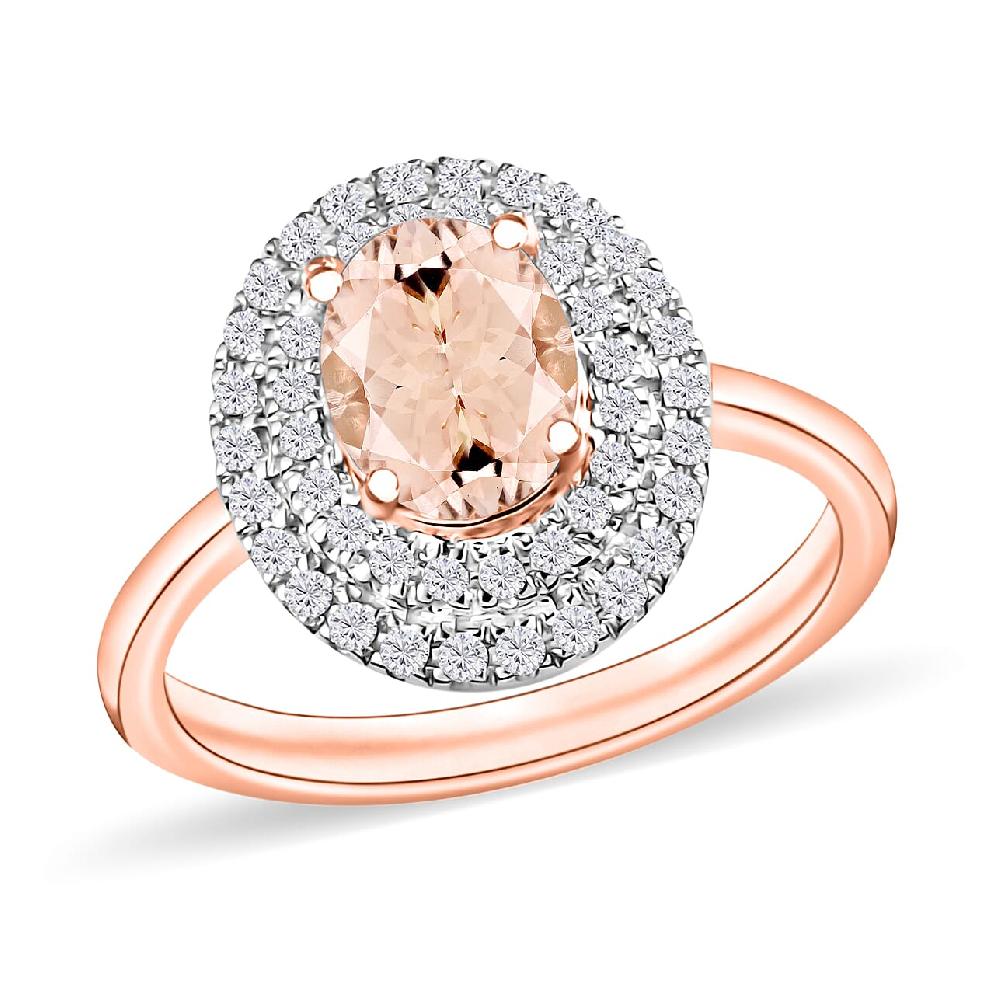 Pink Morganite and White Zircon 1.65 ctw Double Halo Ring in 18K Vermeil Rose Gold Over Sterling Silver (Del. in 10-12 Days)