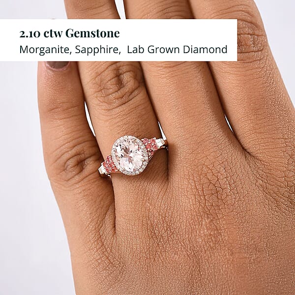 Pink Morganite Padparadscha Sapphire Luxuriant Lab Grown Diamond 2.10 Ctw Regal Crest Ring In 18K Vermeil Rose Gold Over Sterling Silver
