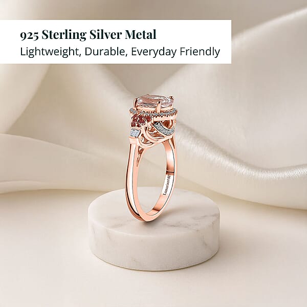 Pink Morganite Padparadscha Sapphire Luxuriant Lab Grown Diamond 2.10 Ctw Regal Crest Ring In 18K Vermeil Rose Gold Over Sterling Silver