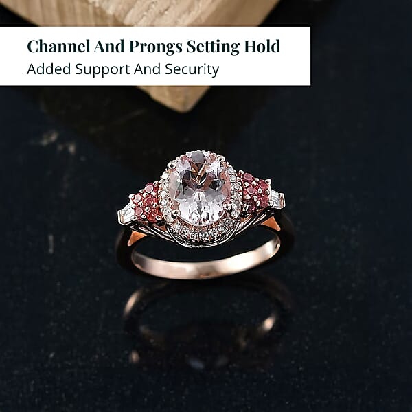 Pink Morganite Padparadscha Sapphire Luxuriant Lab Grown Diamond 2.10 Ctw Regal Crest Ring In 18K Vermeil Rose Gold Over Sterling Silver
