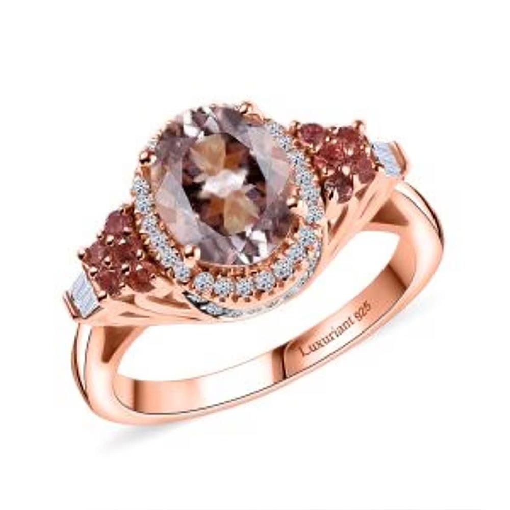 Pink Morganite Padparadscha Sapphire Luxuriant Lab Grown Diamond 2.10 ctw Regal Crest Ring in 18K Vermeil Rose Gold Over Sterling Silver