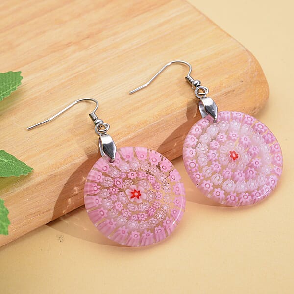 Pink Murano Style Dangle Earrings In Stainless Steel