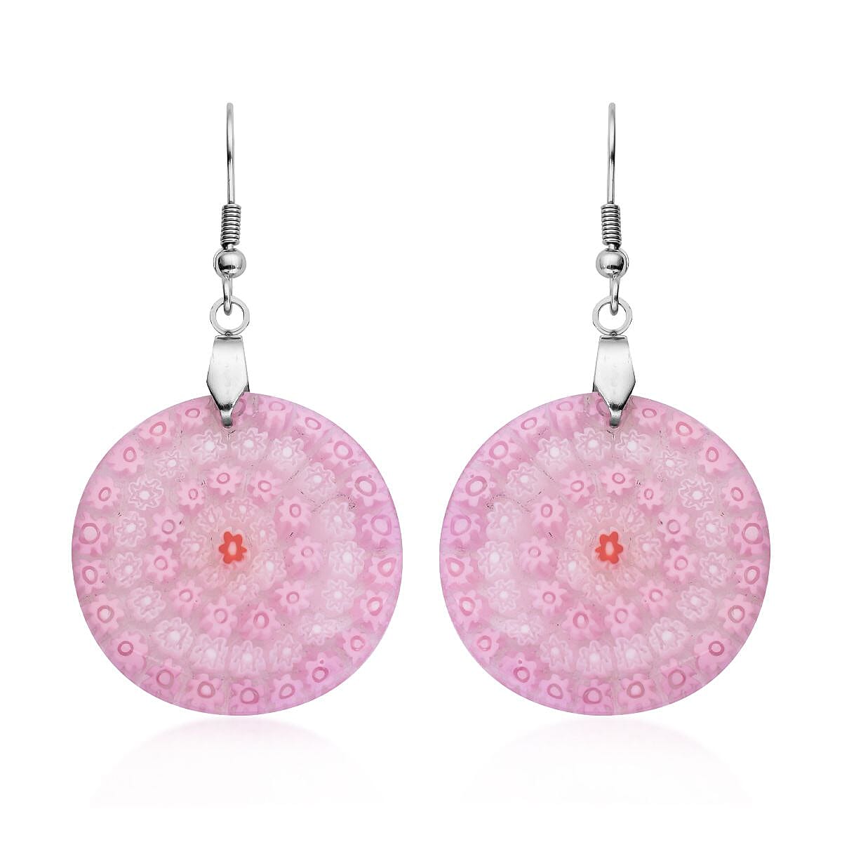 Pink Murano Style Dangle Earrings in Stainless Steel