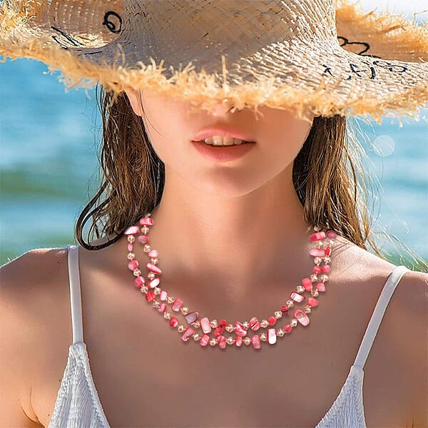 Pink Shell Chips And Pink Color Glass Beaded Necklace 47 Inches