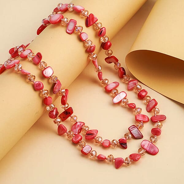 Pink Shell Chips And Pink Color Glass Beaded Necklace 47 Inches