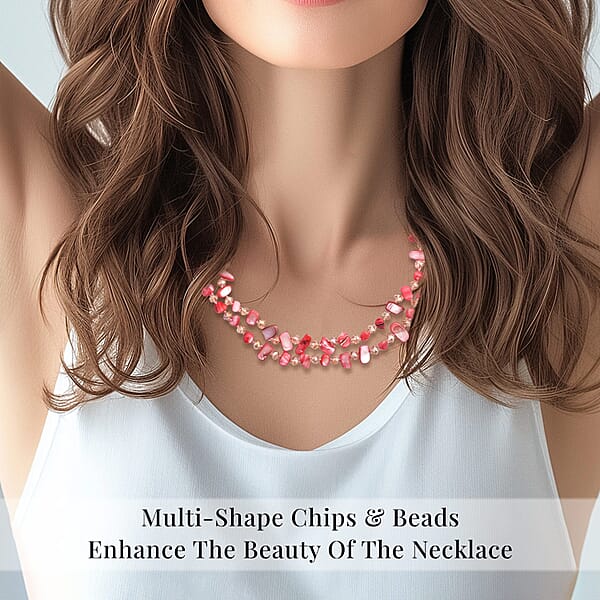 Pink Shell Chips And Pink Color Glass Beaded Necklace 47 Inches
