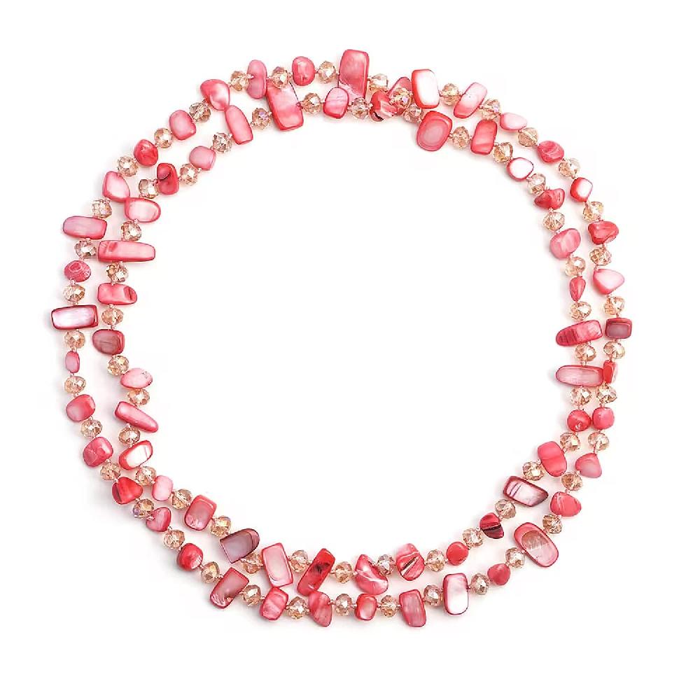 Pink Shell Chips and Pink Color Glass Beaded Necklace 47 Inches