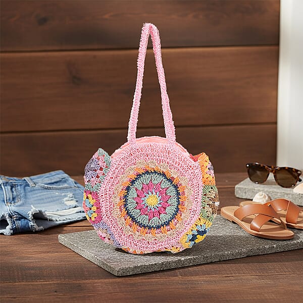 Pink Woven Bohemian Circle Pattern Paper Straw Tote Bag